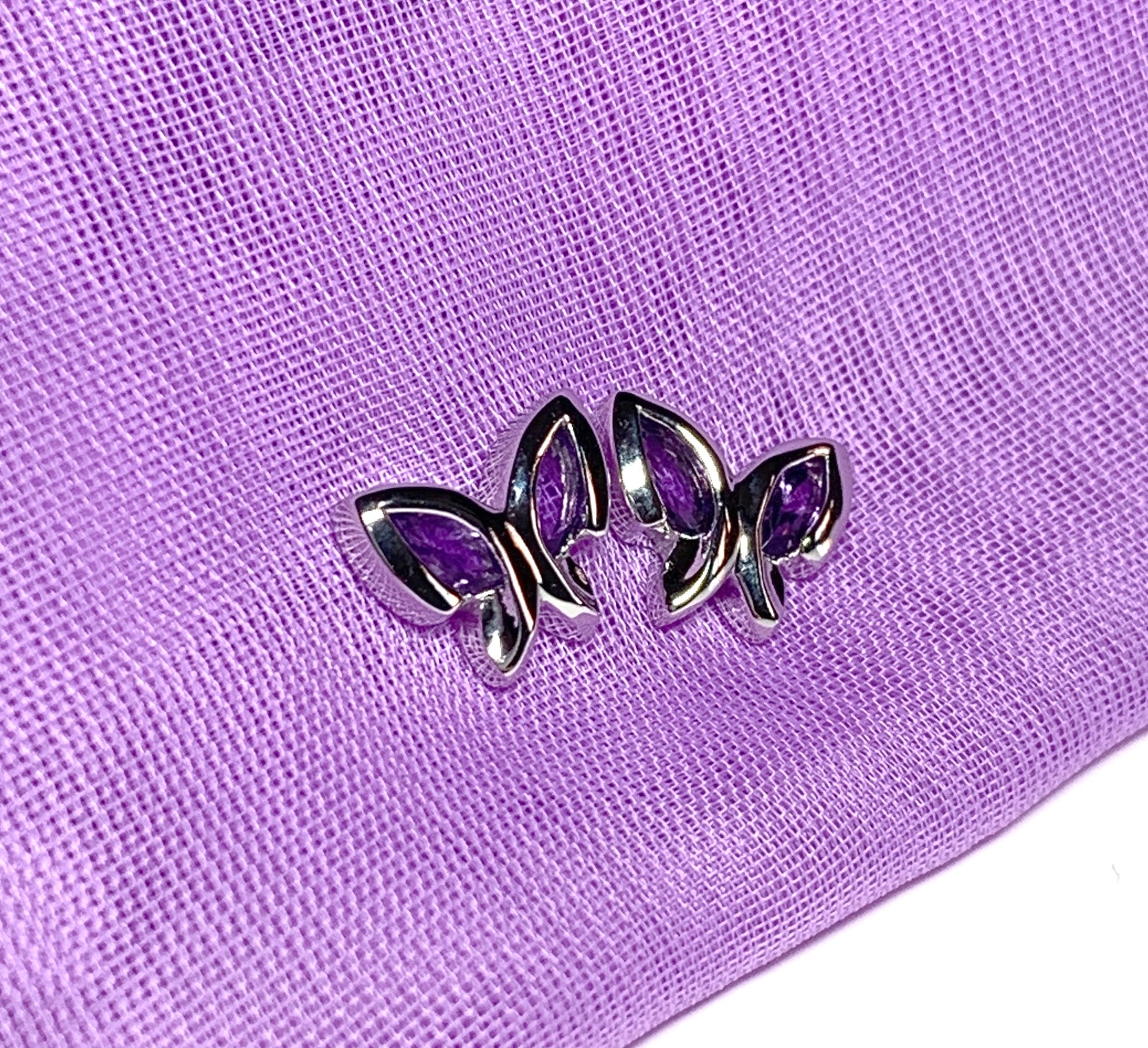 Real purple amethyst butterfly shaped stud earrings sterling silver