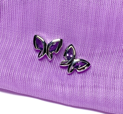 Real purple amethyst butterfly shaped stud earrings sterling silver