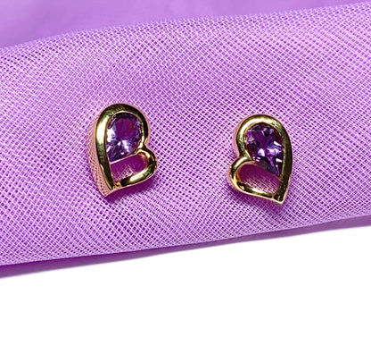 Real purple amethyst heart shaped stud earrings sterling silver gilt