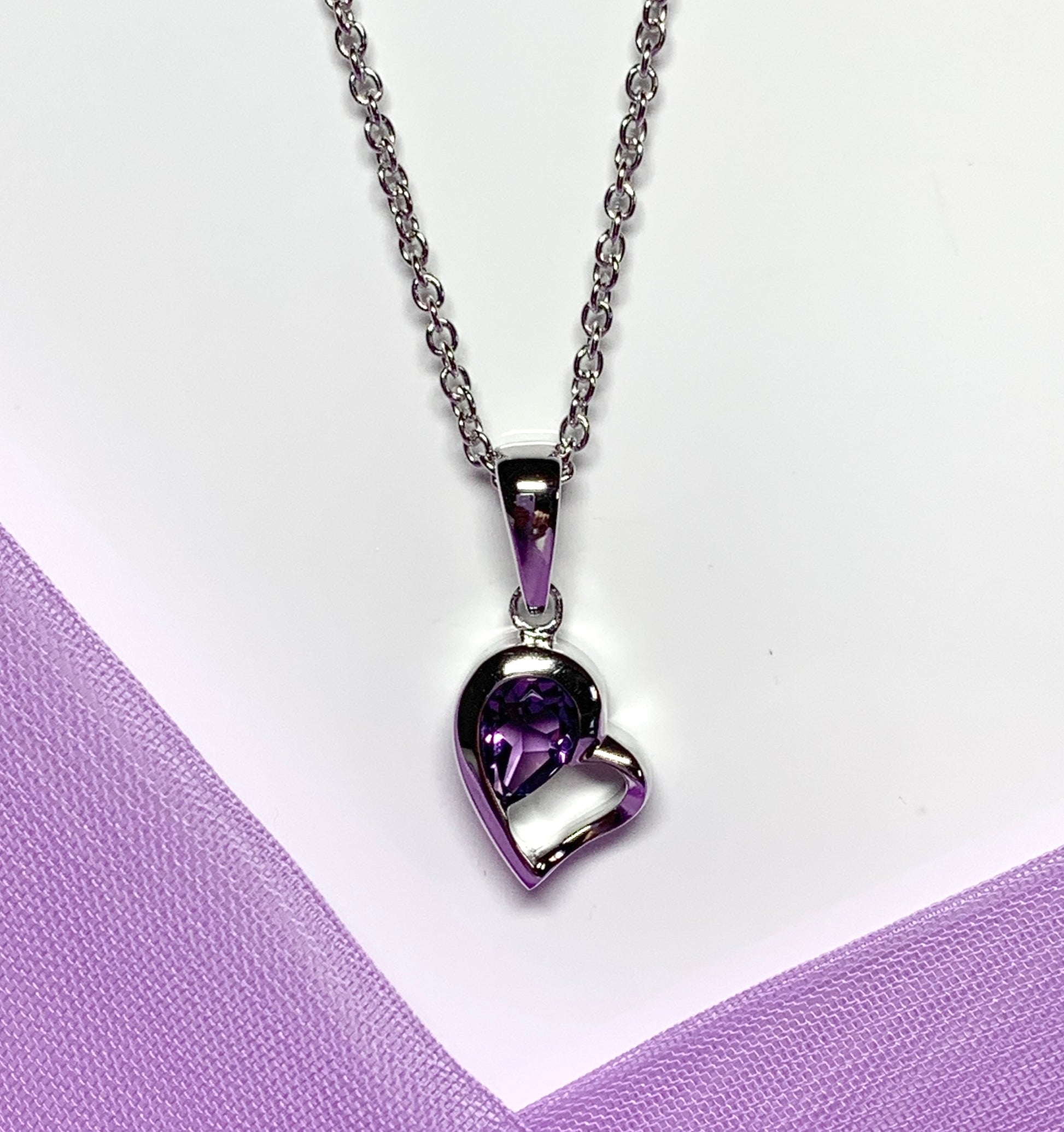 Real purple amethyst heart shape necklace pendant sterling silver