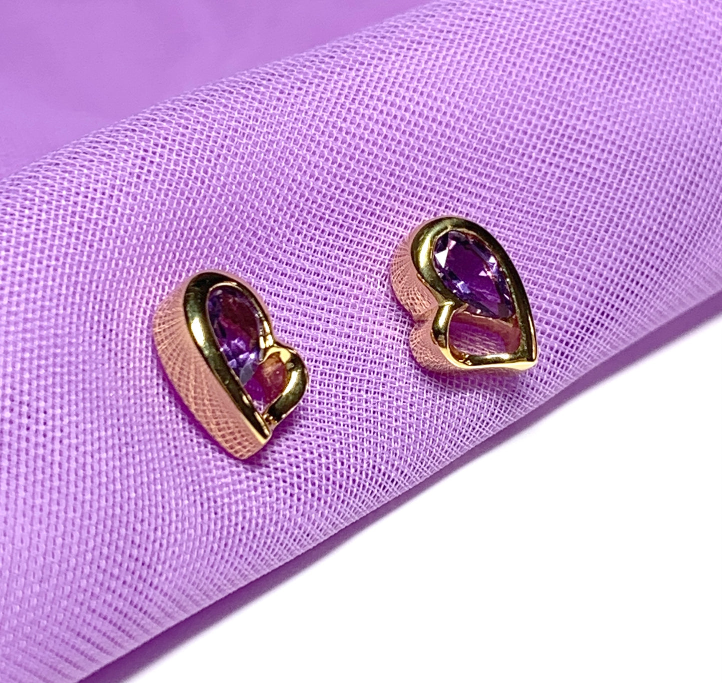 Real purple amethyst heart shaped stud earrings sterling silver gilt