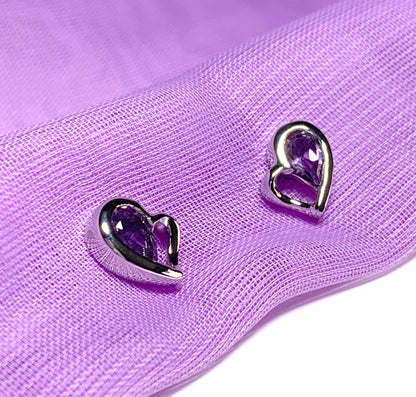 Real purple amethyst heart shaped stud earrings sterling silver