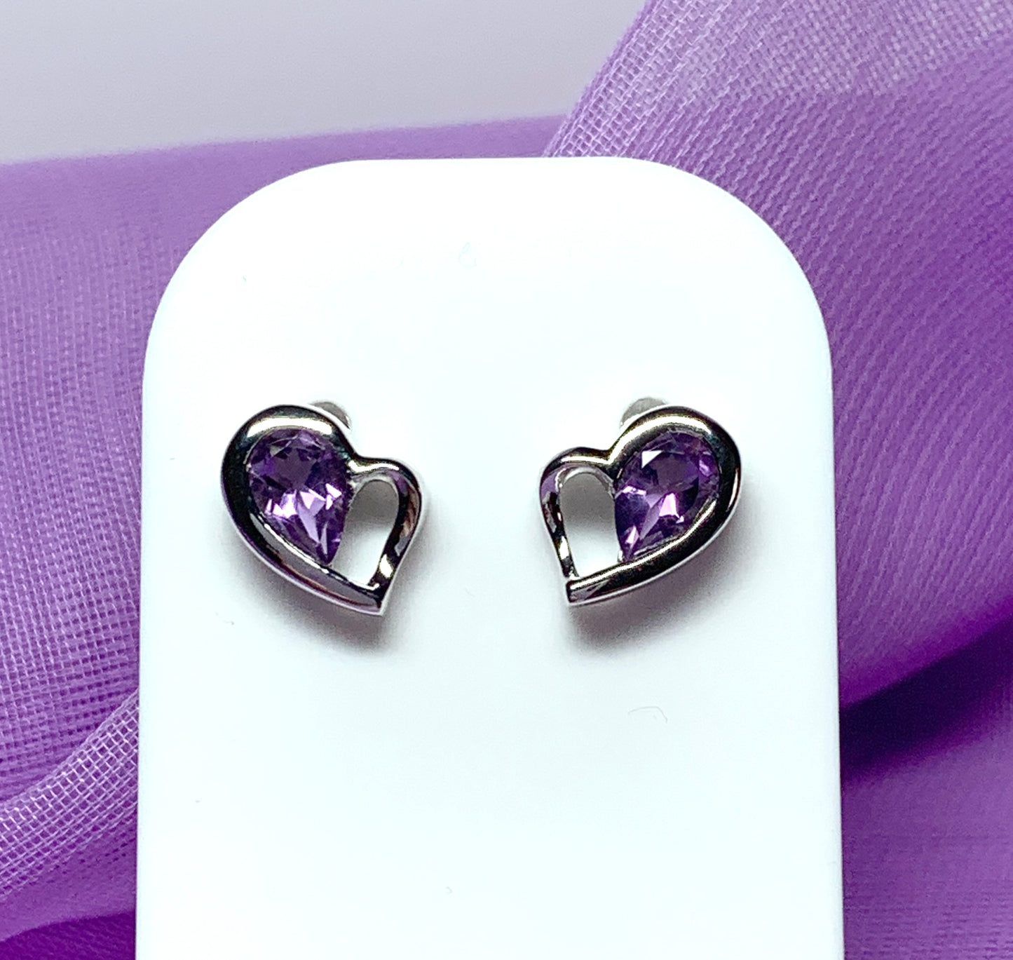 Real purple amethyst heart shaped stud earrings sterling silver