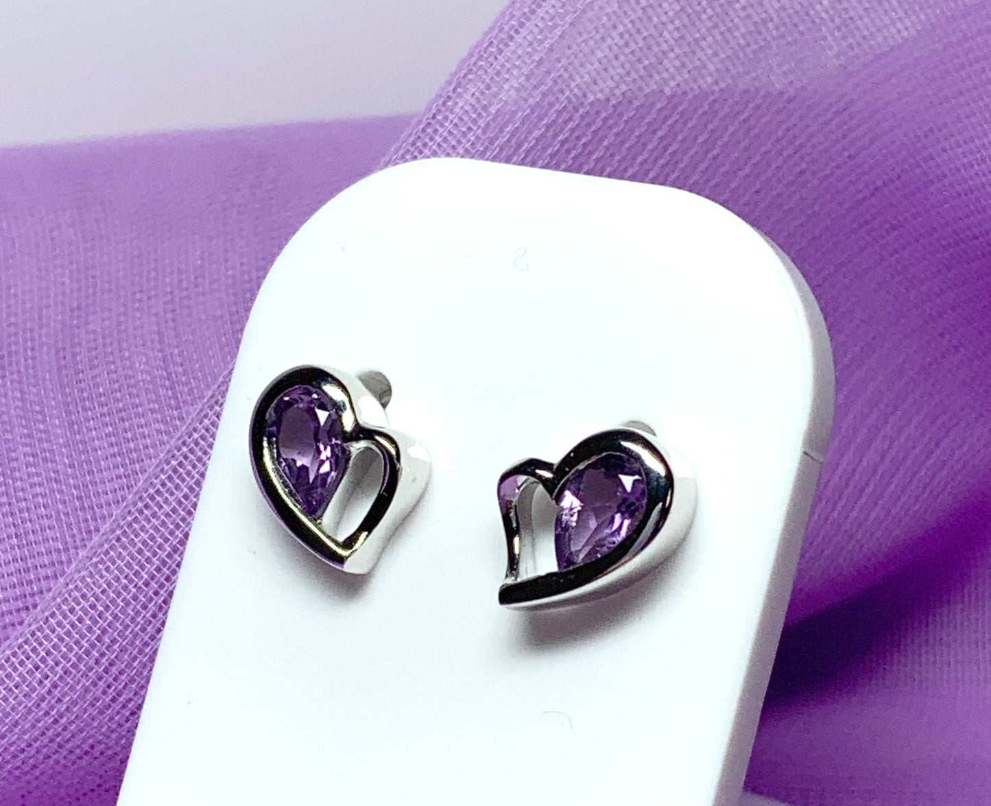 Real purple amethyst heart shaped stud earrings sterling silver