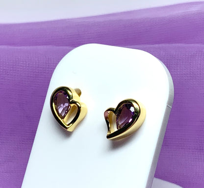 Real purple amethyst heart shaped stud earrings sterling silver gilt