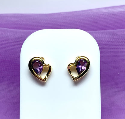 Real purple amethyst heart shaped stud earrings sterling silver gilt