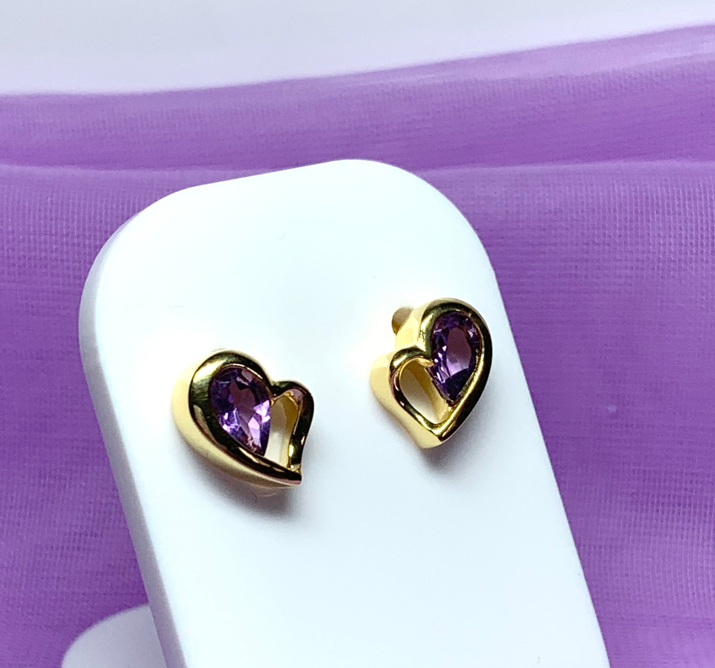 Real purple amethyst heart shaped stud earrings sterling silver gilt