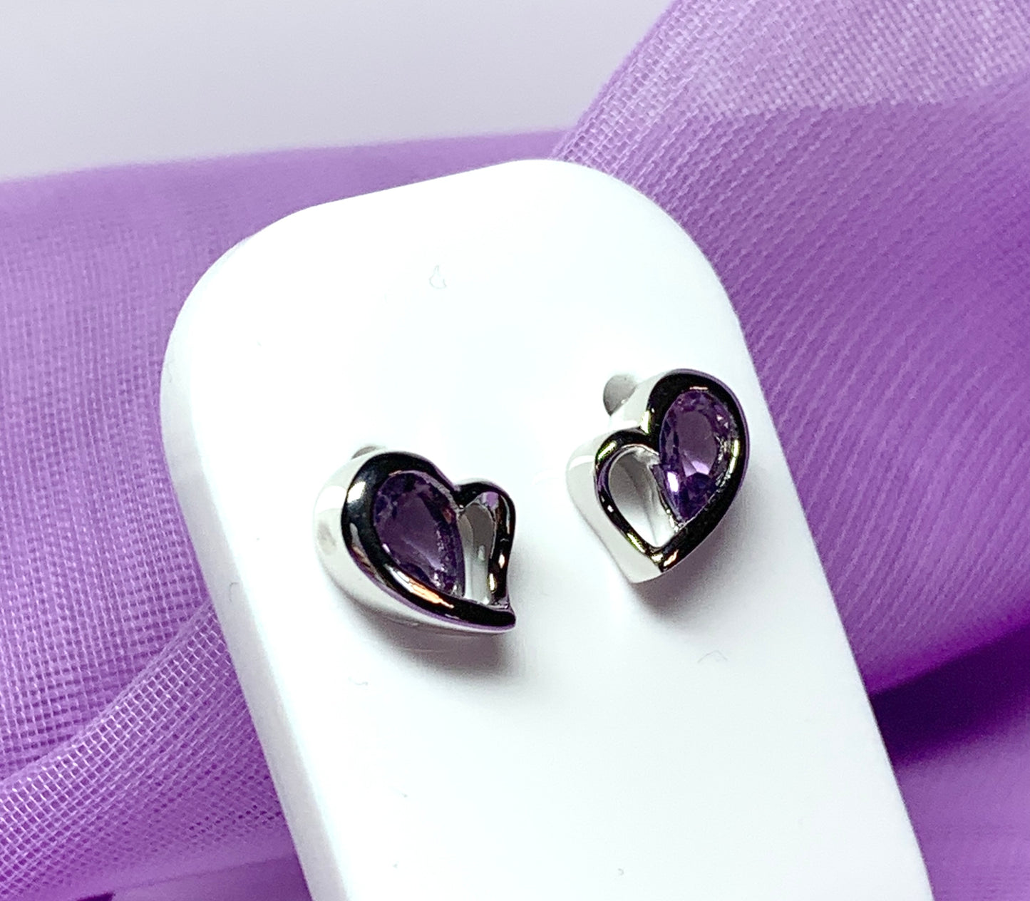 Real purple amethyst heart shaped stud earrings sterling silver