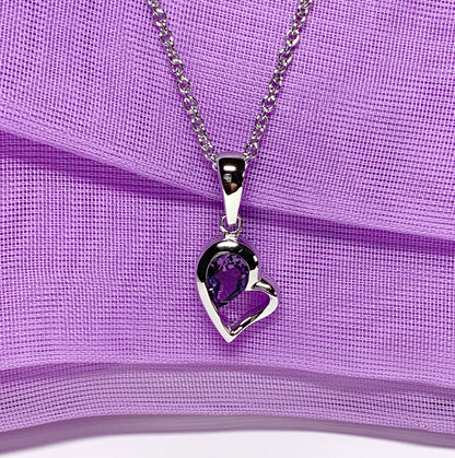 Real purple amethyst heart shape necklace pendant sterling silver