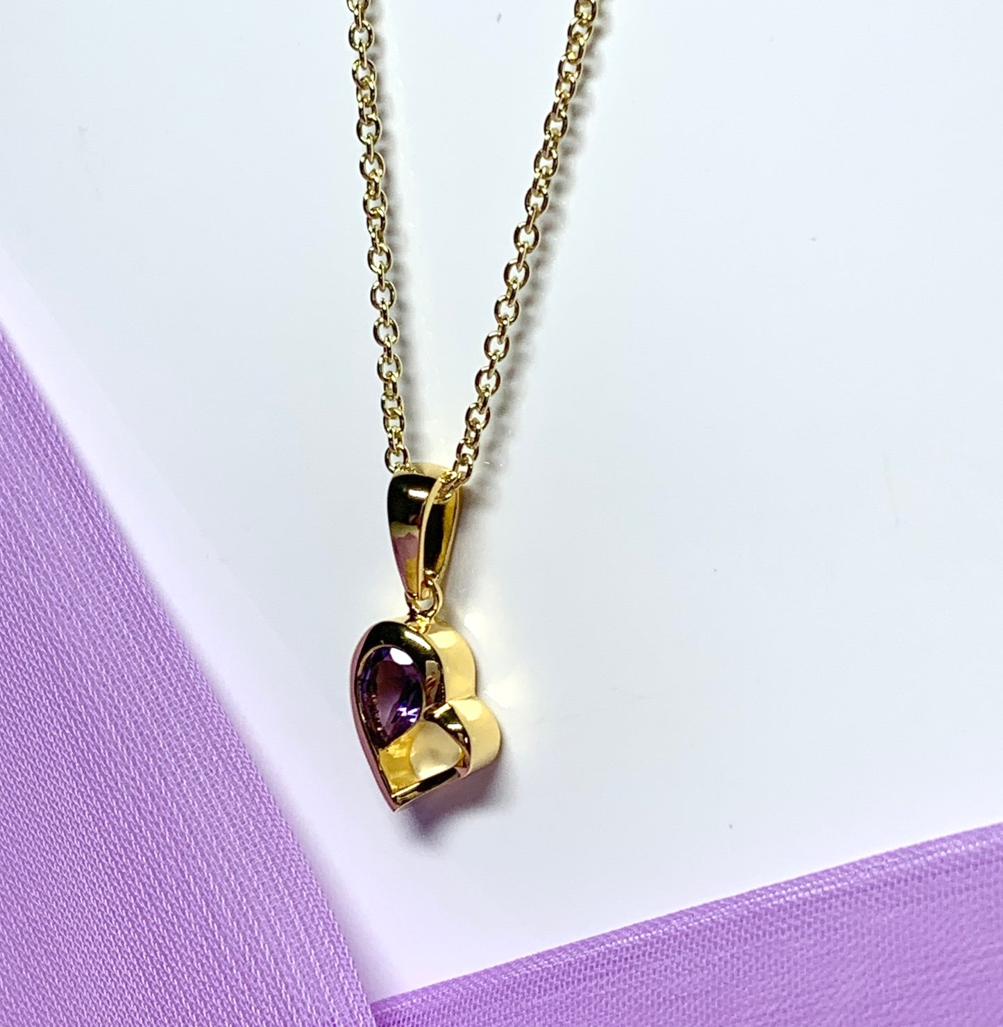 Real purple amethyst heart shape necklace pendant sterling silver gilt