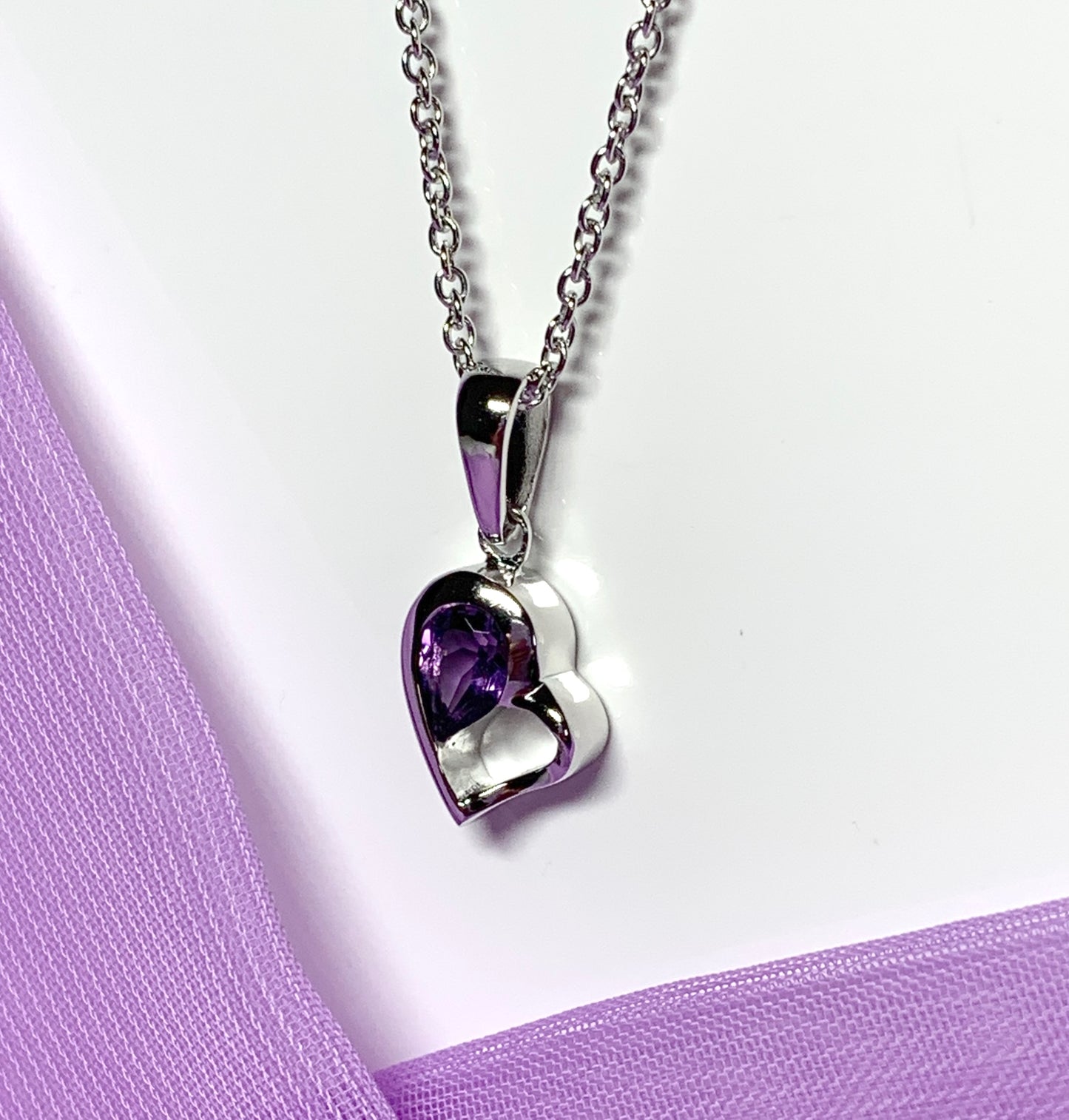 Real purple amethyst heart shape necklace pendant sterling silver