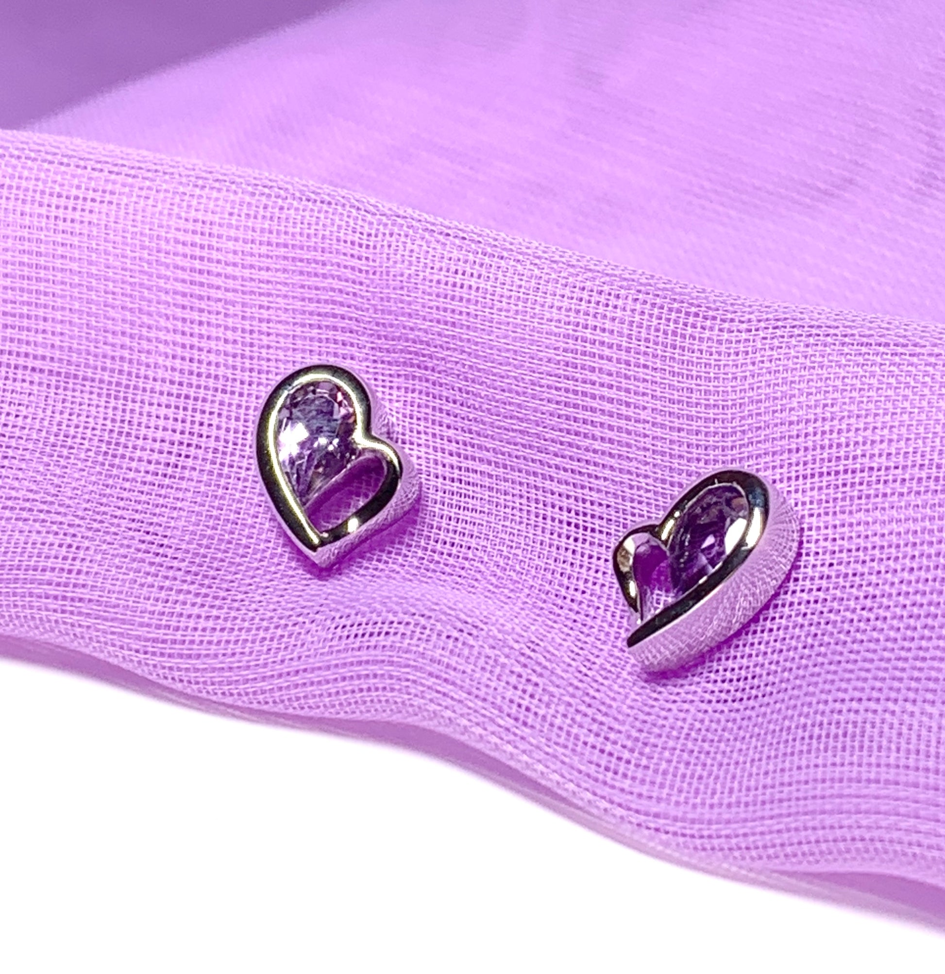 Real purple amethyst heart shaped stud earrings sterling silver