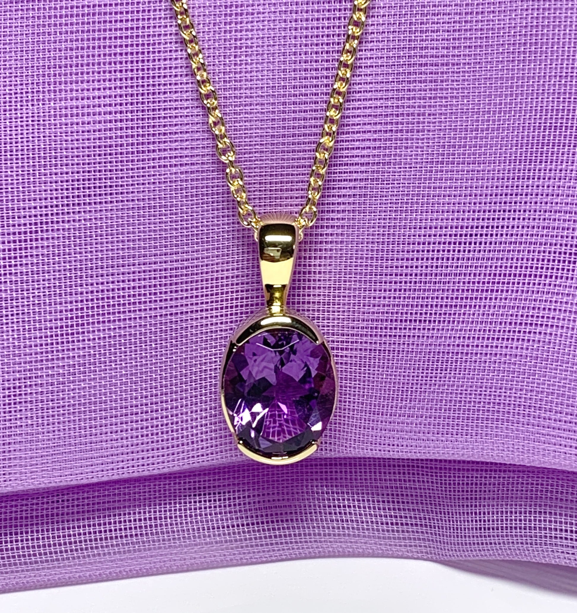 Real purple amethyst necklace pendant oval smooth rubbed over setting silver gilt