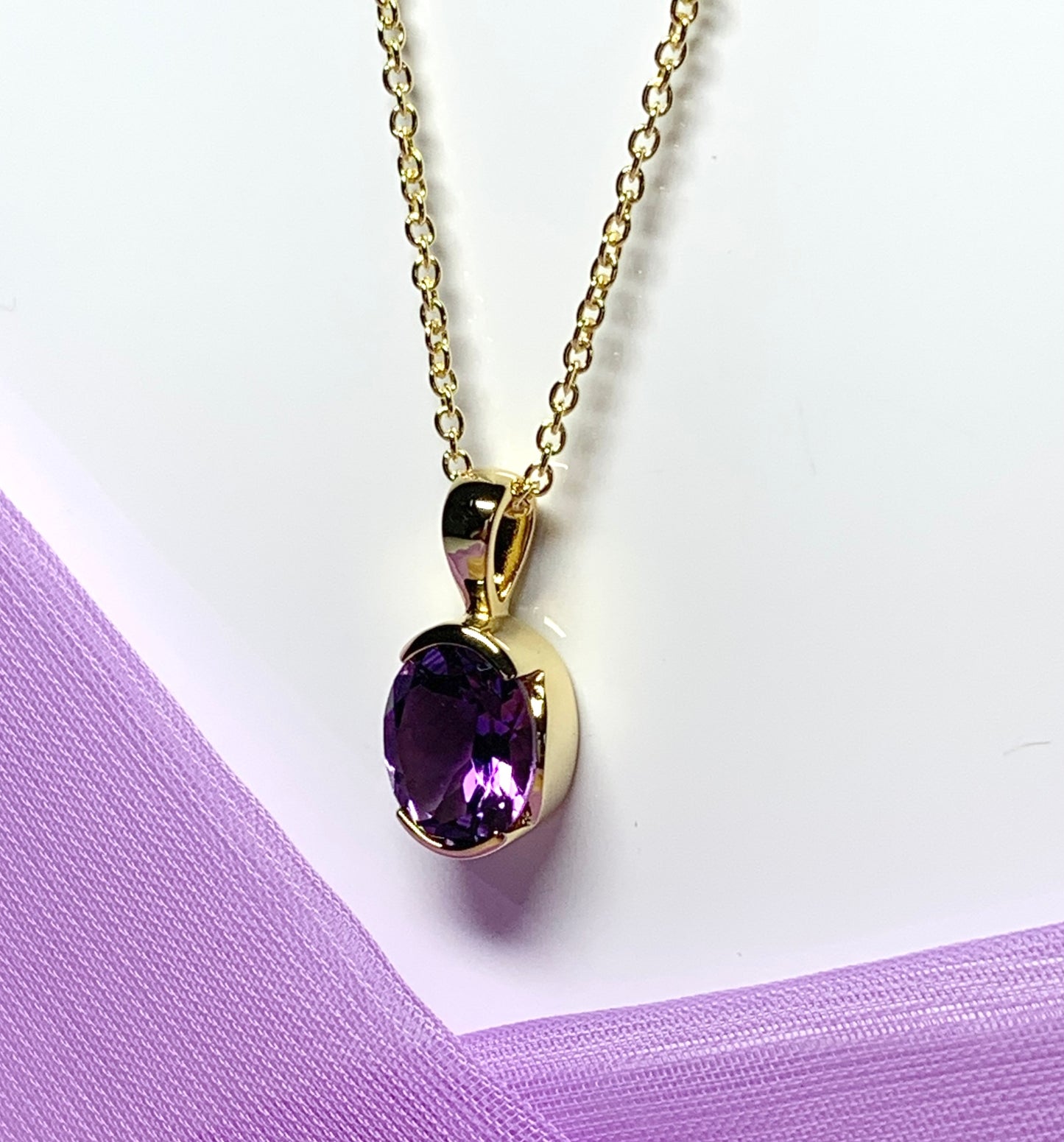 Real purple amethyst necklace pendant oval smooth rubbed over setting silver gilt