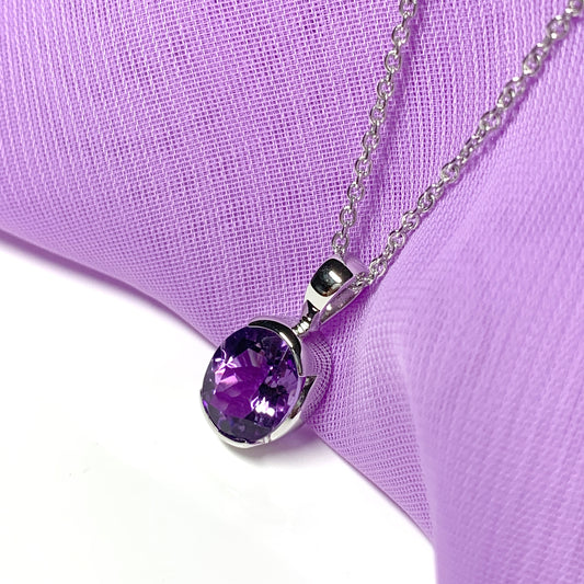 Real purple amethyst necklace pendant oval smooth rubbed over setting