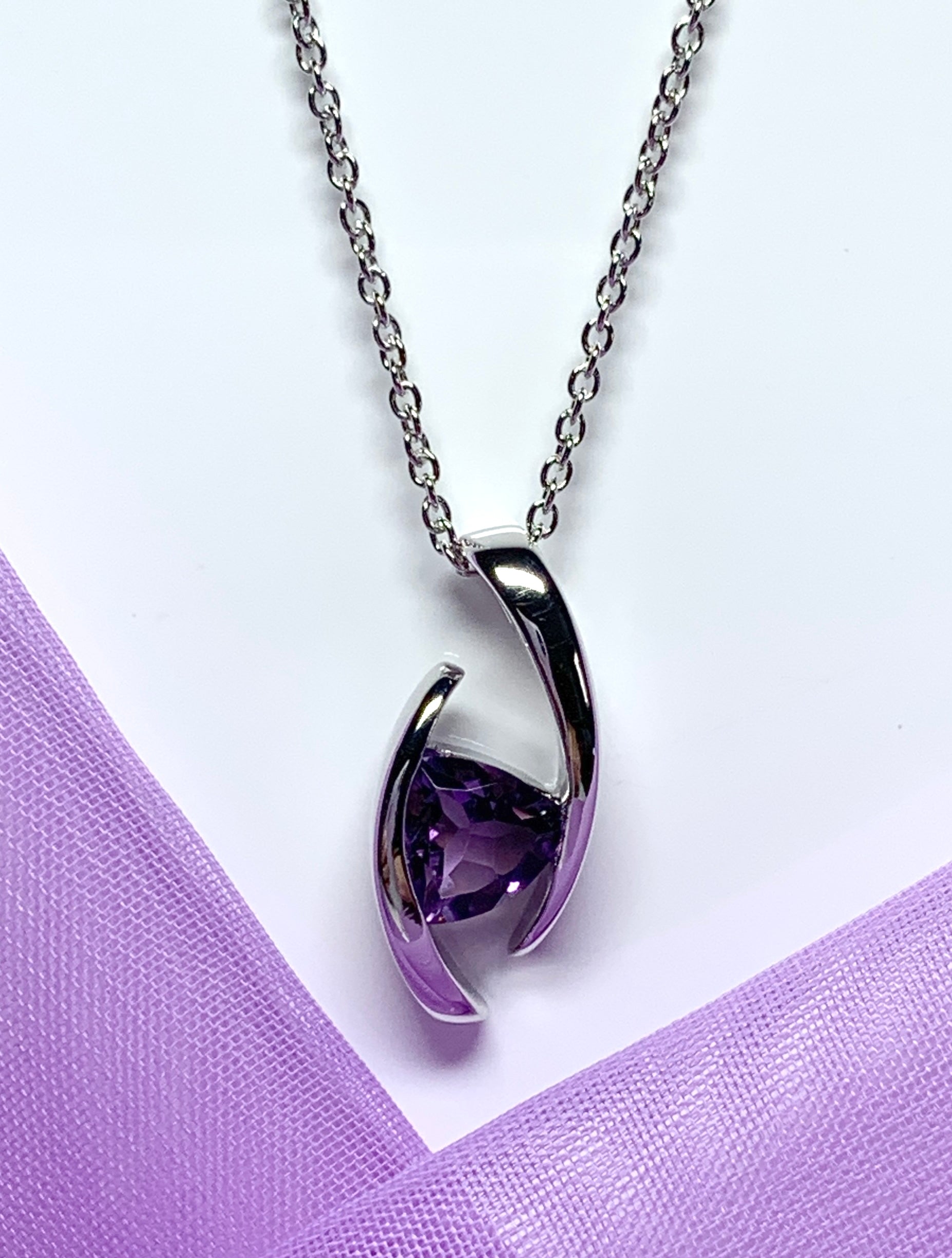 Real purple amethyst necklace pendant triangle smooth rubbed over setting