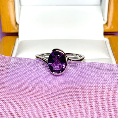 Real purple amethyst ring fancy oval swirl sterling silver