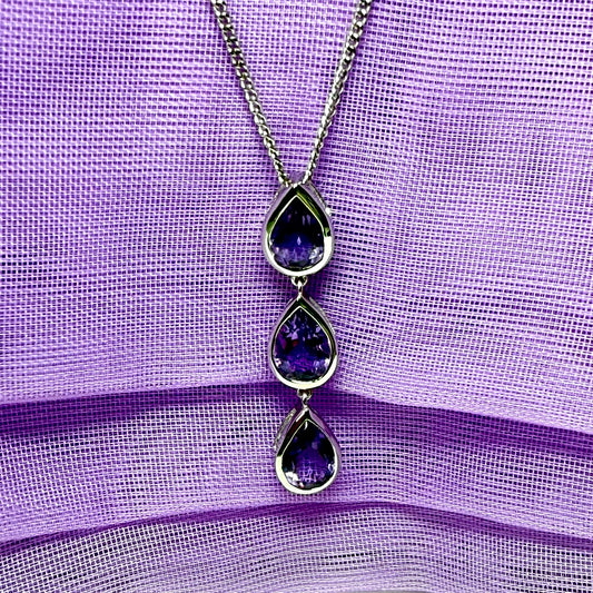 Real purple amethyst triple necklace pear shaped white gold teardrop pendant