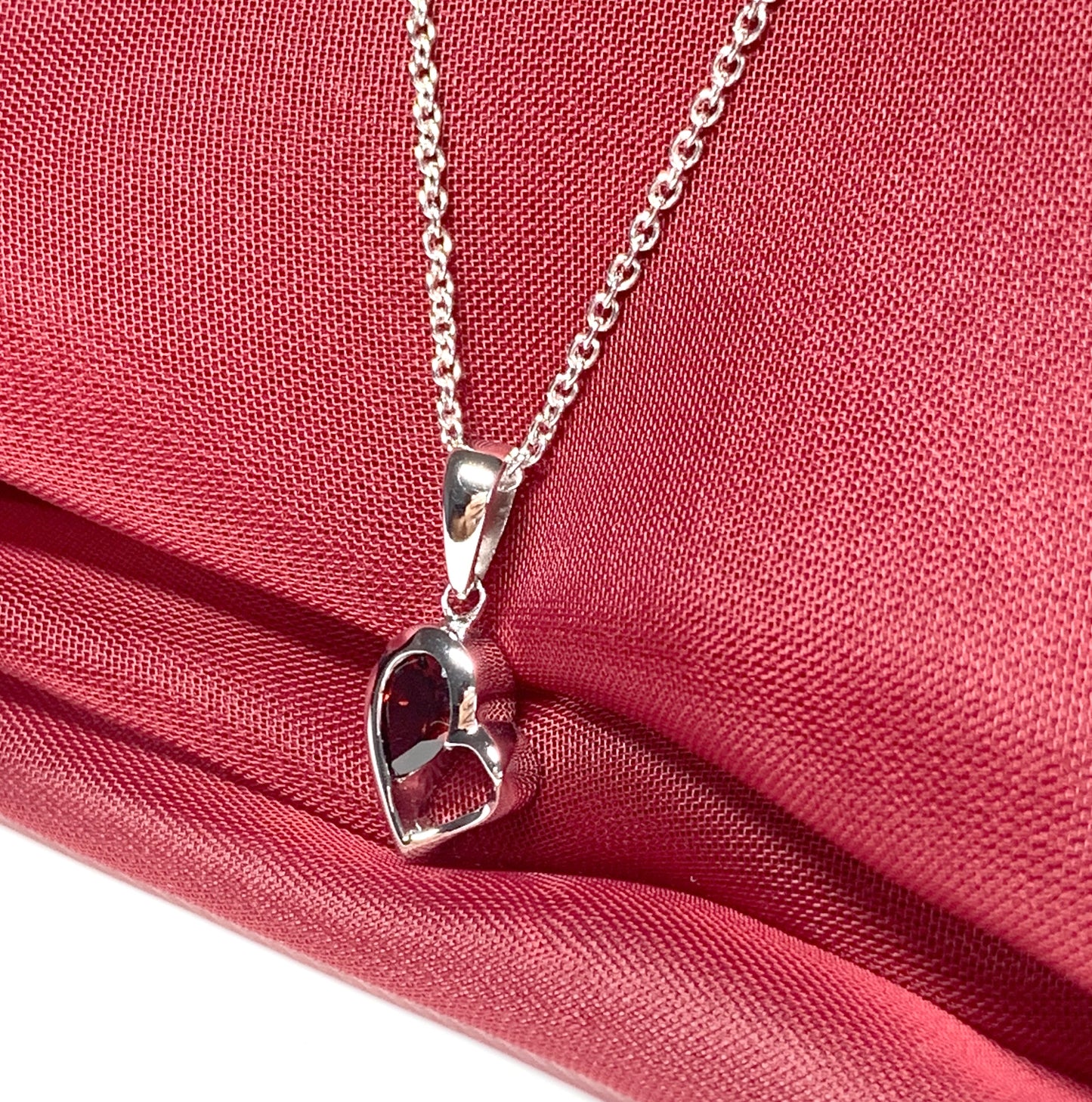 Real red garnet heart shape necklace pendant sterling silver