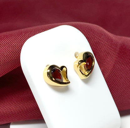 Real red garnet heart shaped stud earrings gold plated sterling silver gilt