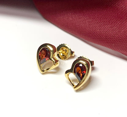 Real red garnet heart shaped stud earrings gold plated sterling silver gilt