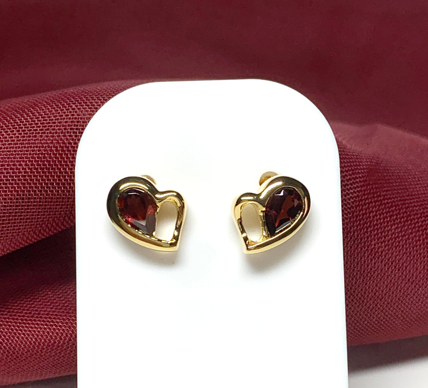 Real red garnet heart shaped stud earrings gold plated sterling silver gilt