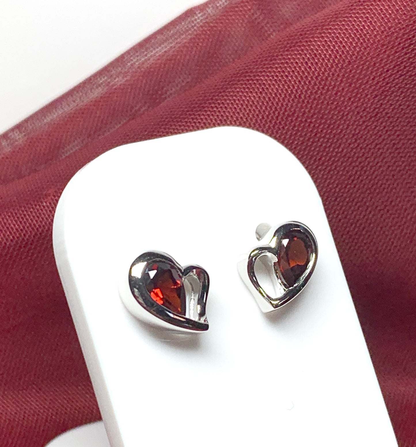 Real red garnet heart shaped stud earrings sterling silver