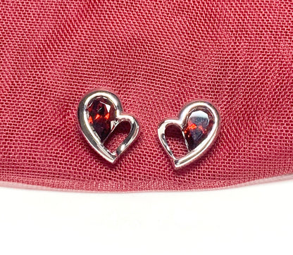 Real red garnet heart shaped stud earrings sterling silver