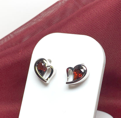 Real red garnet heart shaped stud earrings sterling silver