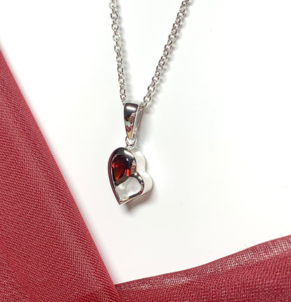 Real red garnet heart shape necklace pendant sterling silver