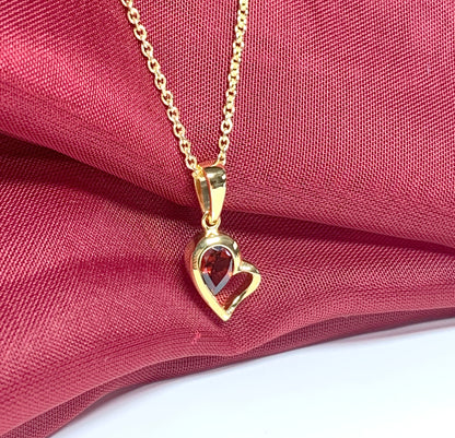 Real red garnet heart shape necklace pendant sterling silver gilt gold plating