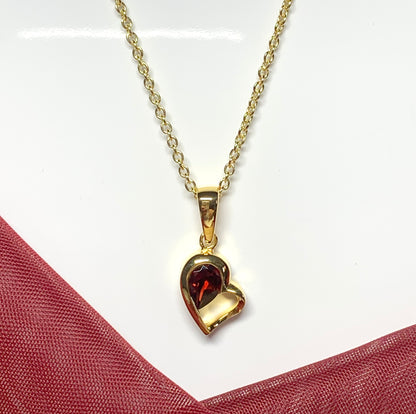 Real red garnet heart shape necklace pendant sterling silver gilt gold plating