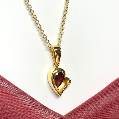 Real red garnet heart shape necklace pendant sterling silver gilt gold plating