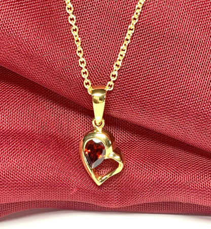 Real red garnet heart shape necklace pendant sterling silver gilt gold plating