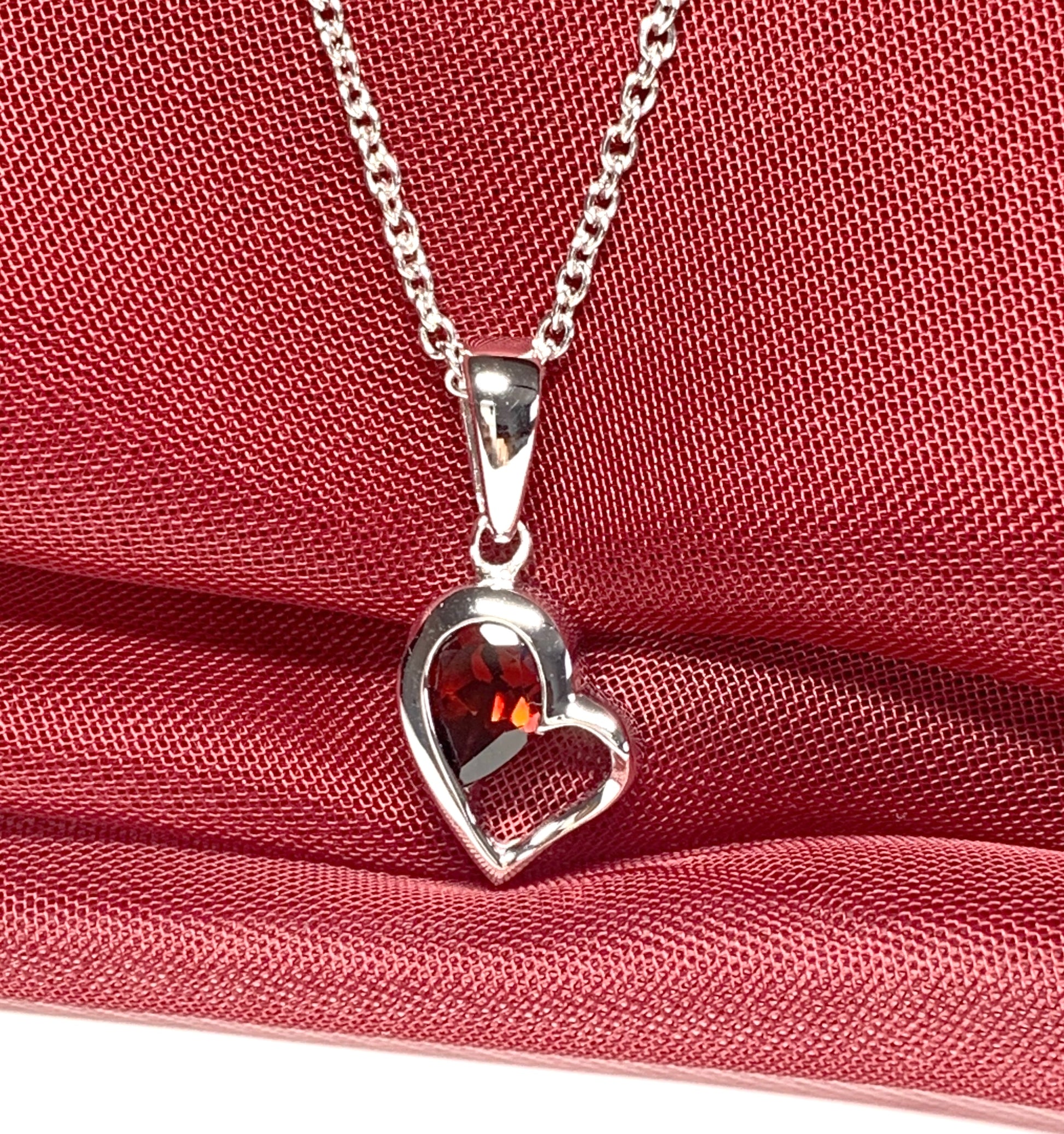 Real red garnet heart shape necklace pendant sterling silver