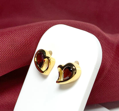 Real red garnet heart shaped stud earrings gold plated sterling silver gilt