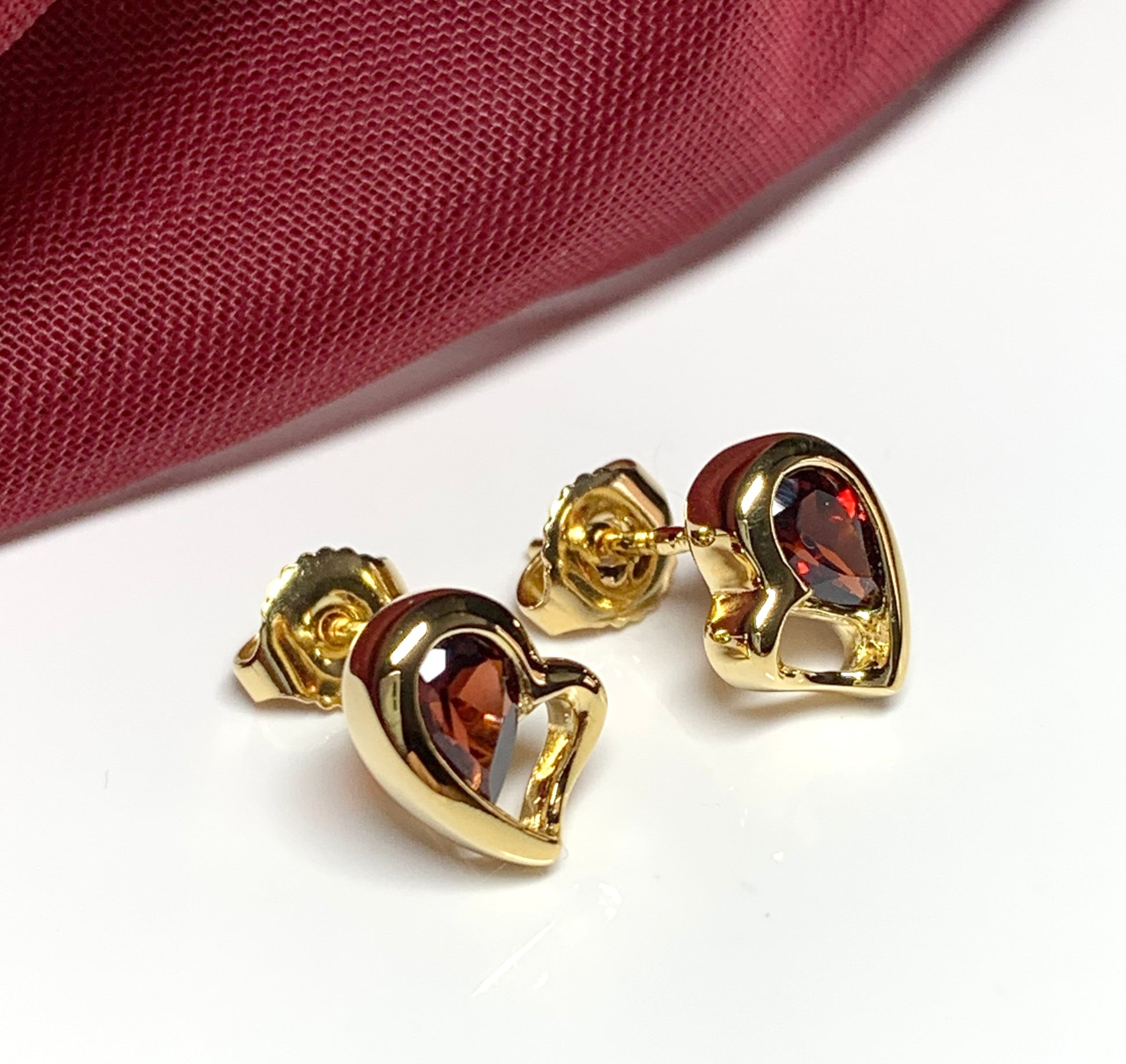 Real red garnet heart shaped stud earrings gold plated sterling silver gilt