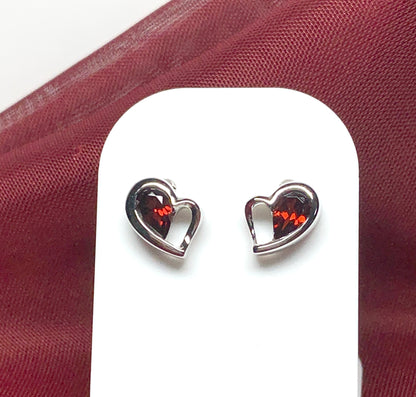 Real red garnet heart shaped stud earrings sterling silver