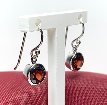 Real red garnet round shaped drop earrings sterling silver