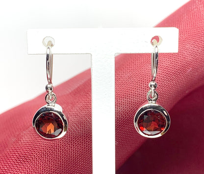 Real red garnet round shaped drop earrings sterling silver