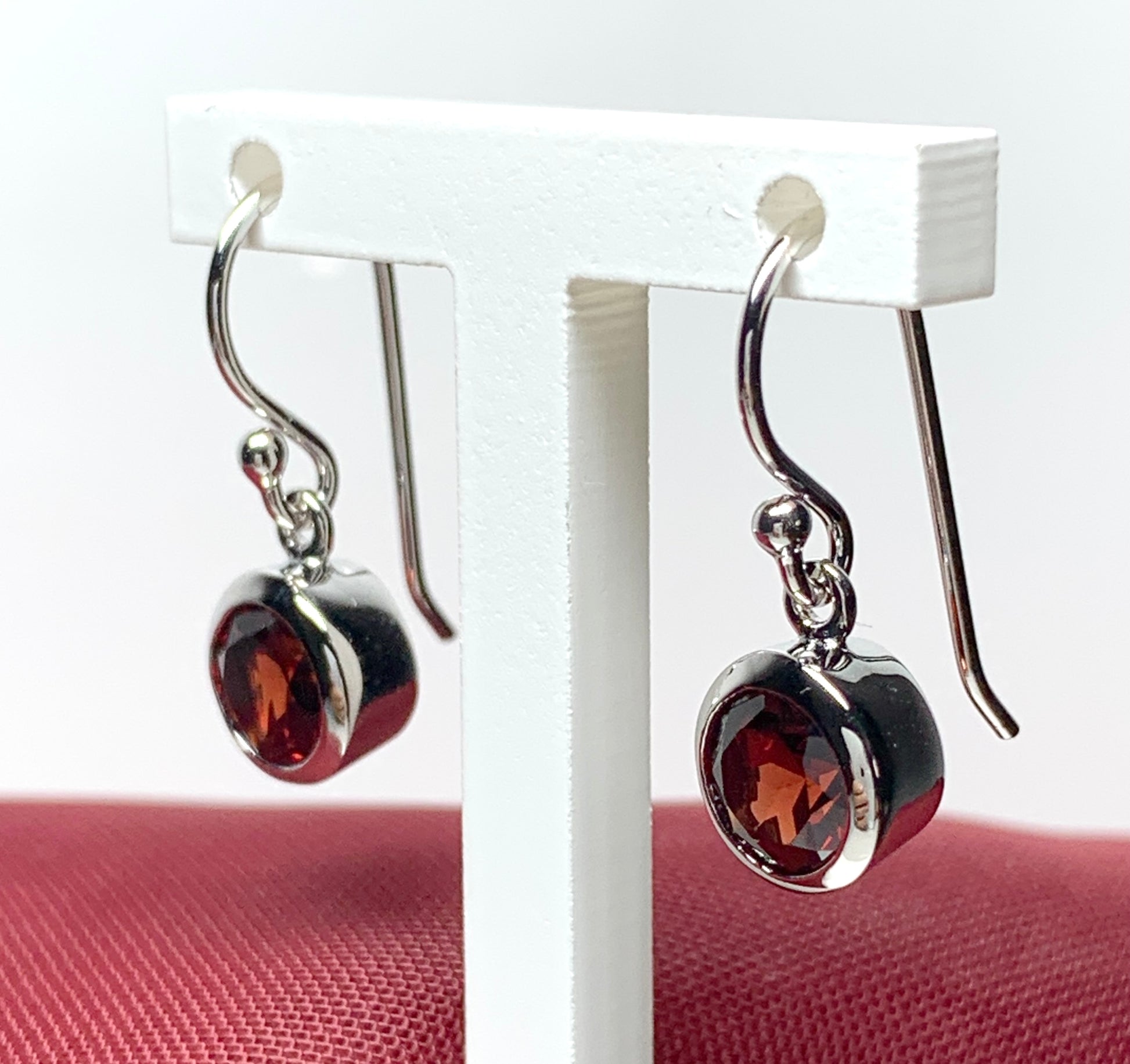 Real red garnet round shaped drop earrings sterling silver