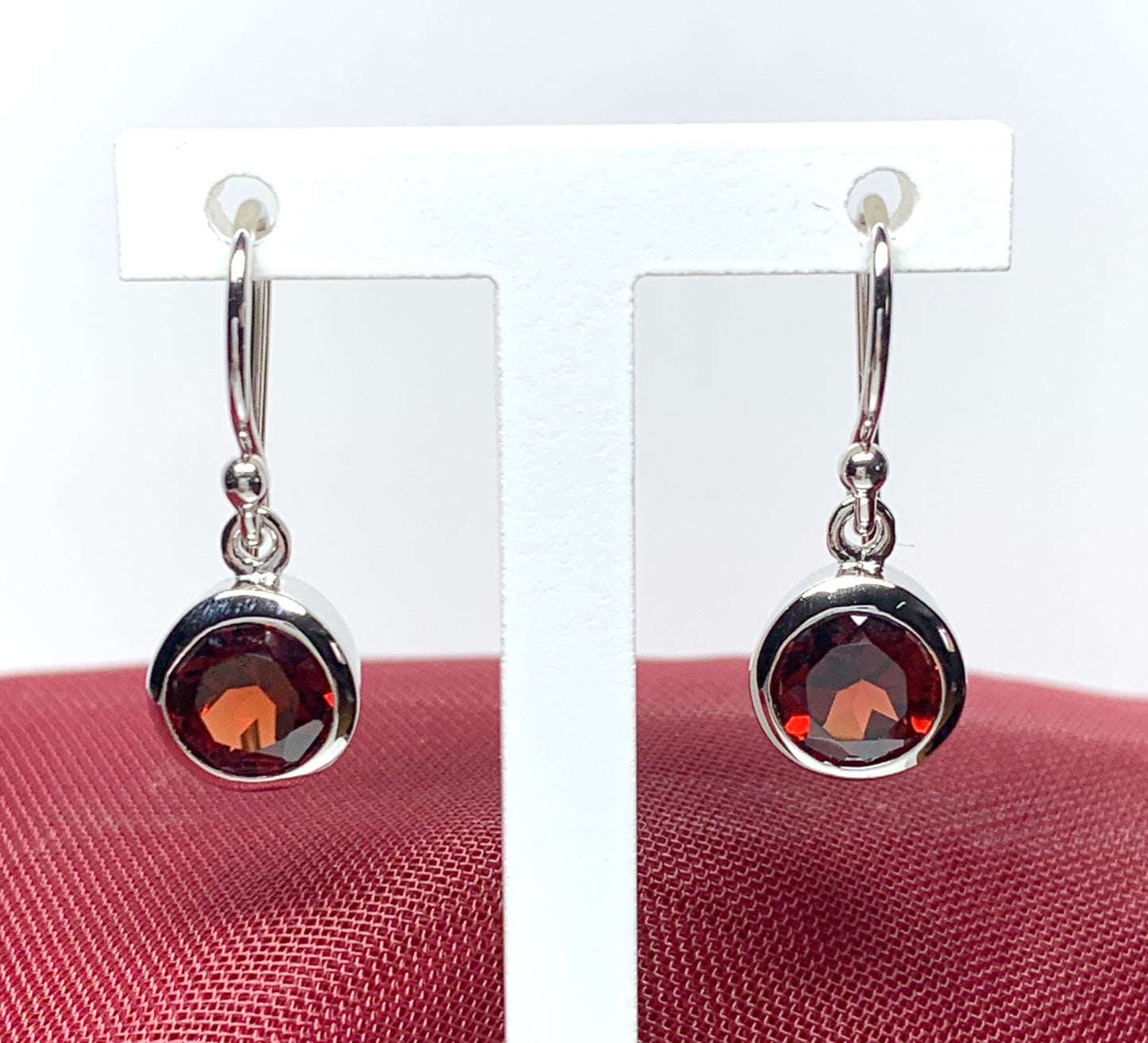 Real red garnet round shaped drop earrings sterling silver