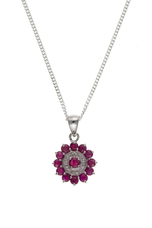 Real red round ruby and diamond sterling silver round cluster necklace