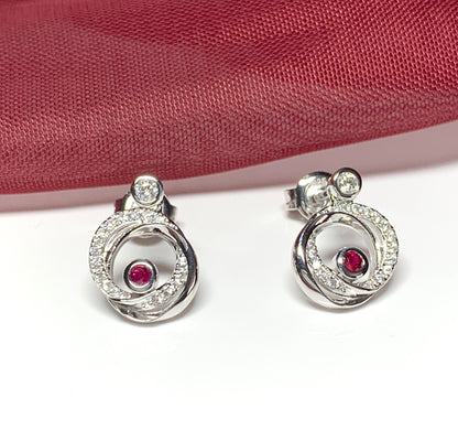 Real red ruby and cubic zirconia round swirl stud earrings