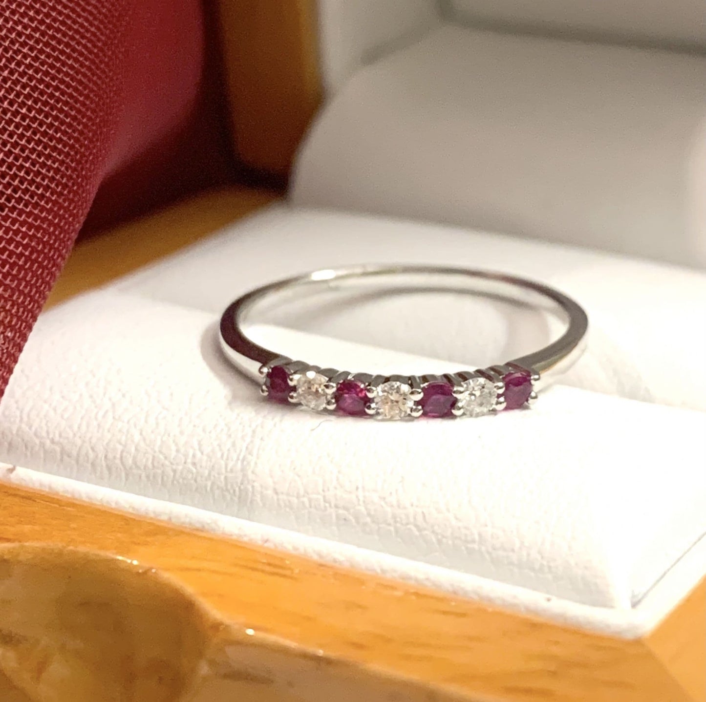 Real red ruby and diamond claw set eternity ring white gold