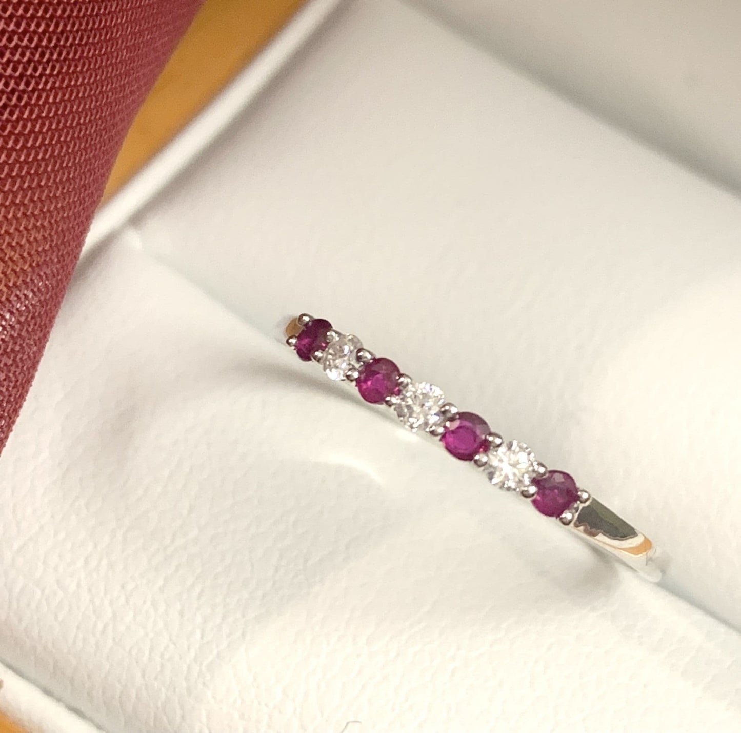 Real red ruby and diamond claw set eternity ring white gold