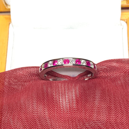 Real red ruby diamond eternity channel set ring white gold