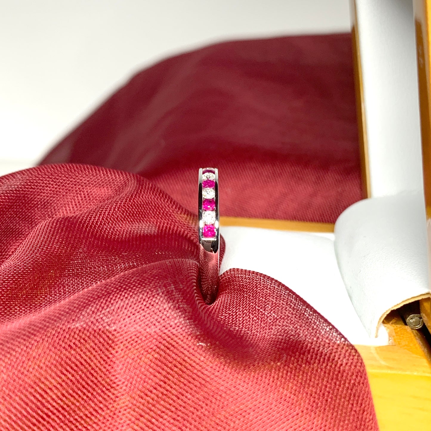 Real red ruby diamond eternity channel set ring white gold