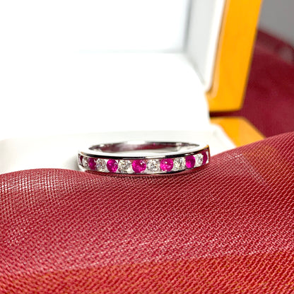 Real red ruby diamond eternity channel set ring white gold