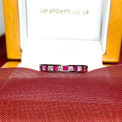 Real red ruby diamond eternity channel set ring white gold